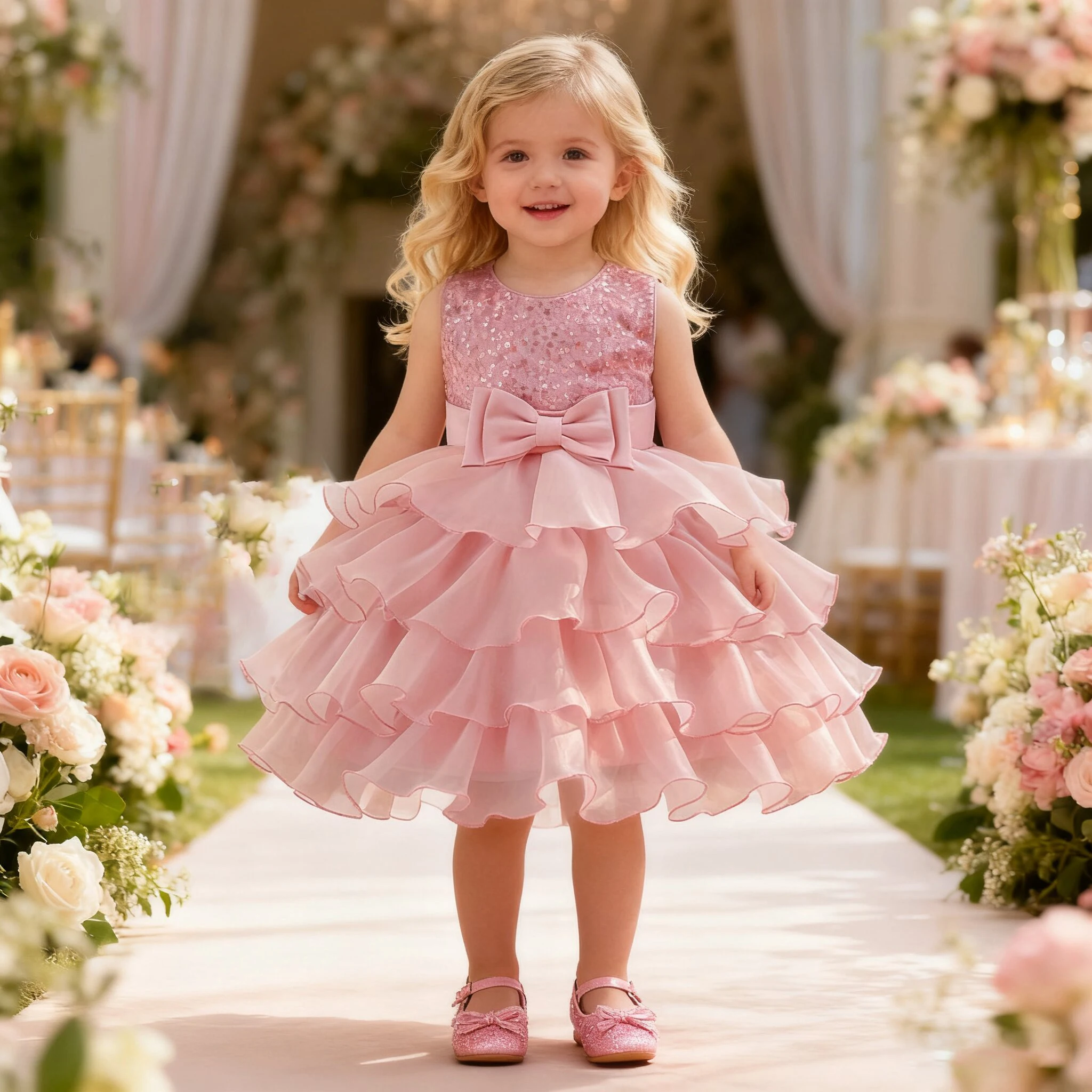 

Elegant Sequin Baby Girls Princess Dress Pink Flower 1st Birthday Wedding Party Kids Dress for Girl Bow Christening Evening Gown
