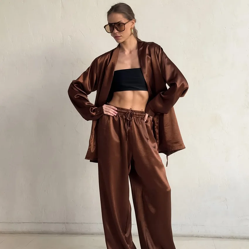 Spring Autumn New Two Piece Pant Set Satin V Neck Waist Cinched Tie Long Sleeve Top Wide Leg Pants Women Fashion Versatile Set