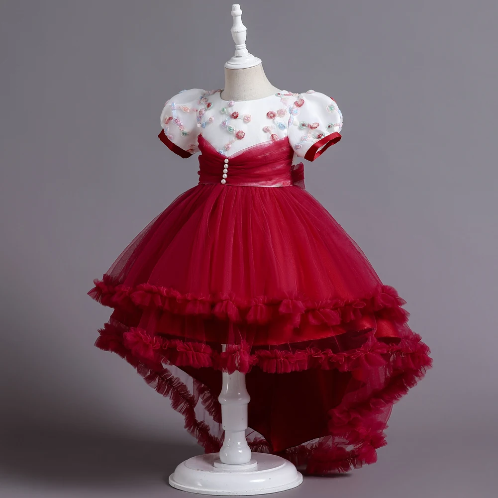 Red Flower Girls Birthday Dresses Puff Sleeve Party prince Dress European Style Girls Tutu Dress For Little Girls Children Gown