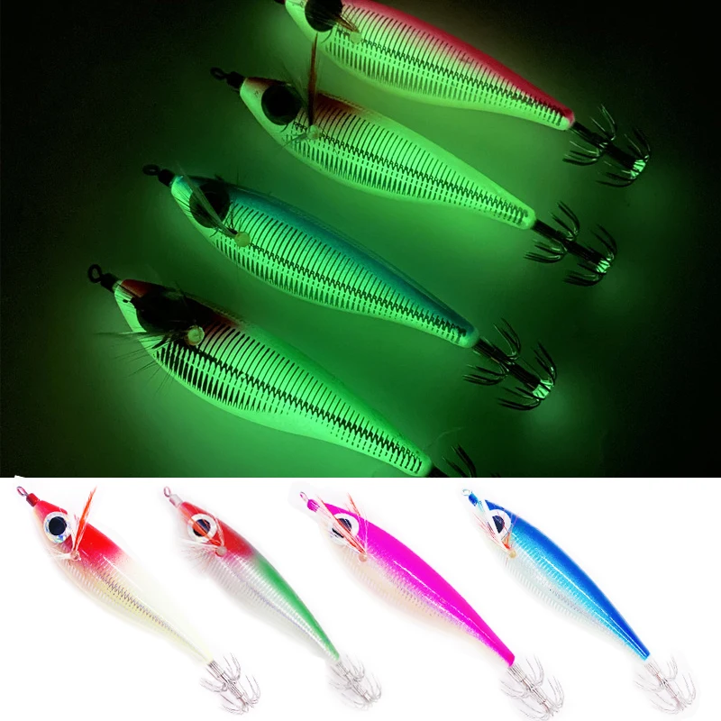 1PCS Luminous Squid Jig Fishing Wood Shrimp Lure 7.5cm 10g Artificial Bait Octopus Lure with Sound Bead Cuttlefish Shrimp Baits