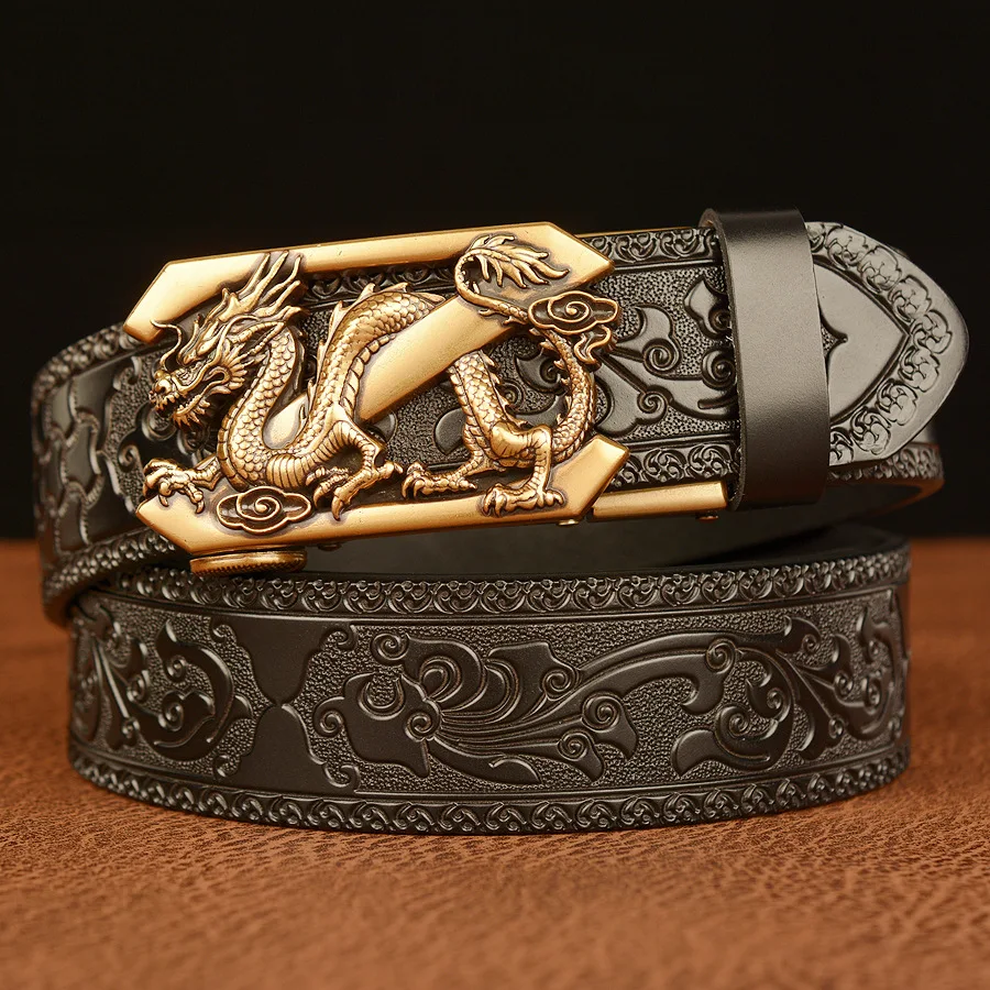 BOKADIAO Men Genuine Leather Belt Luxury Gold Dragon Metal Automatic Buckle Cowhide Belts for Men Jeans Waistband Male Strap