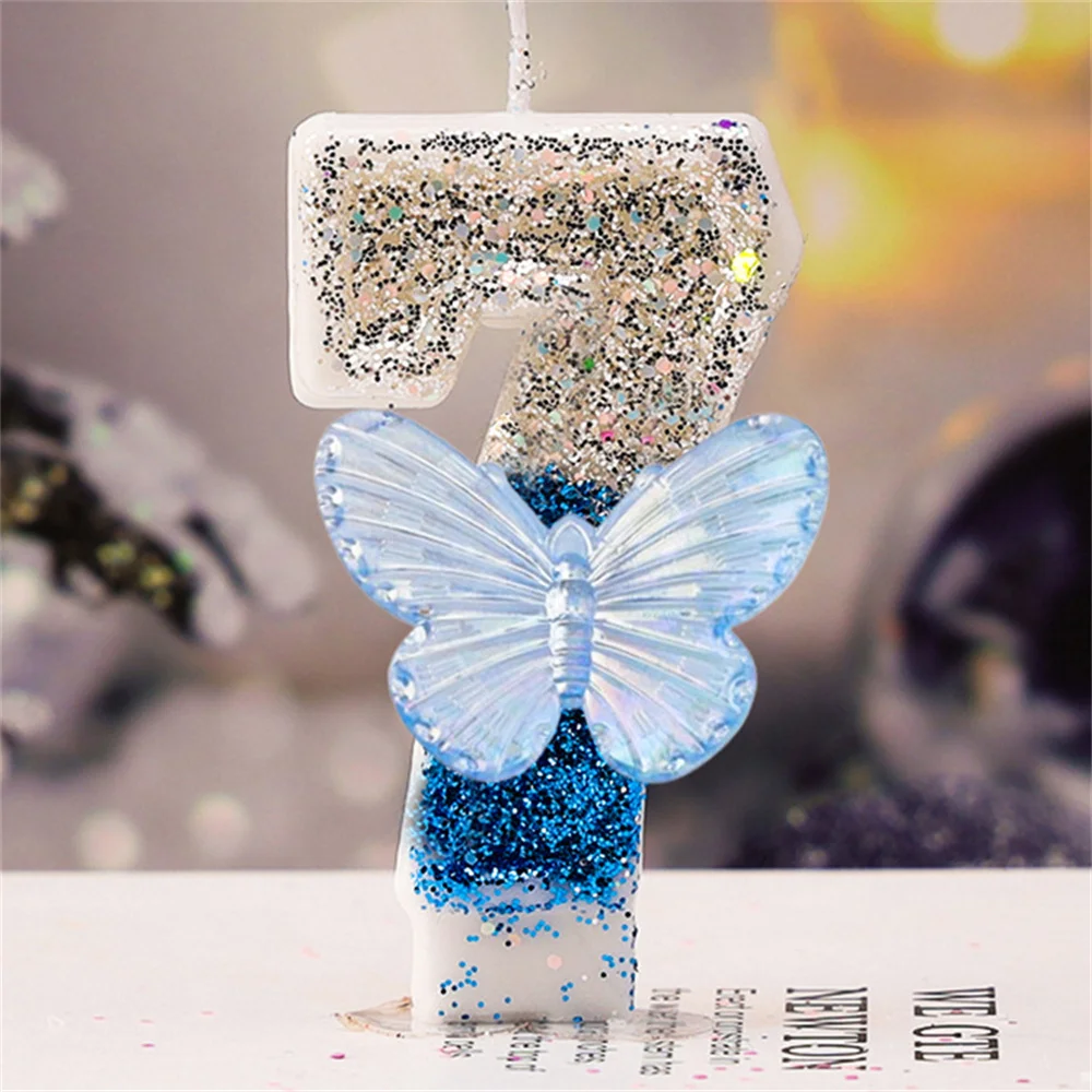 Blue Butterfly Happy Birthday Digital Candle Children's Party Cartoon Birthday Candle Sparkle Silver Blue Wedding Candle Adult