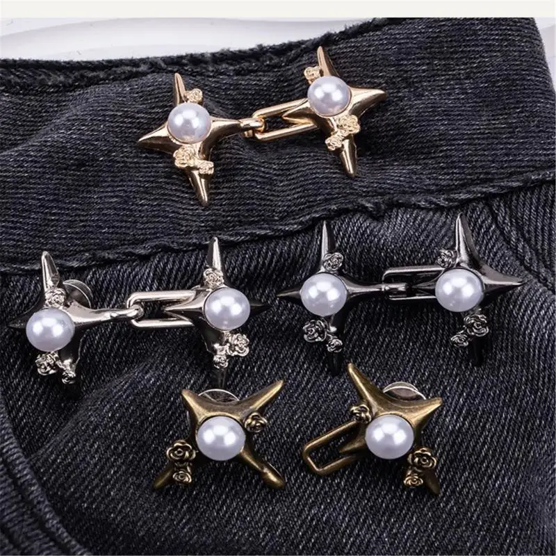 

652F Crossed Star Waist Pin Shawl Clip Waist Brooch Hook for Jeans Pants Buckle Waist Tightener Button Accessory 3/6PCS