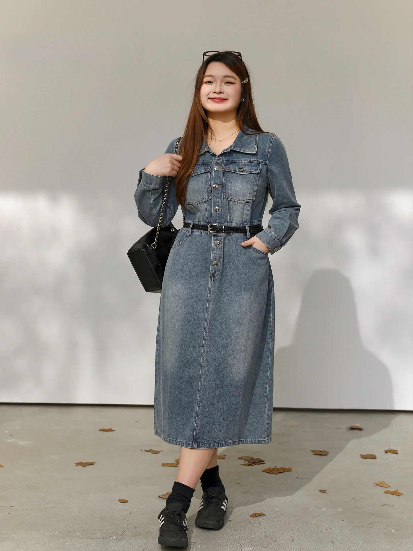 

DM00 plus Size Slimming Vintage Denim Dr New Arrival Spring Casual High Waist Long Sve Belted Women's Faion Dr