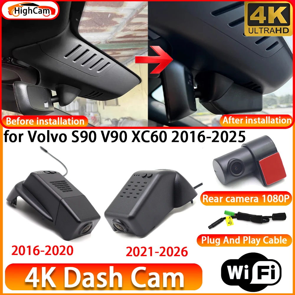Caméra embarquée 4K DVR HighCam pour Volvo S90 V90 XC60 2016-2025 OEM, caméra avant et arrière, enregistreur vidéo WiFi, Plug and Play, enregistrement en boucle