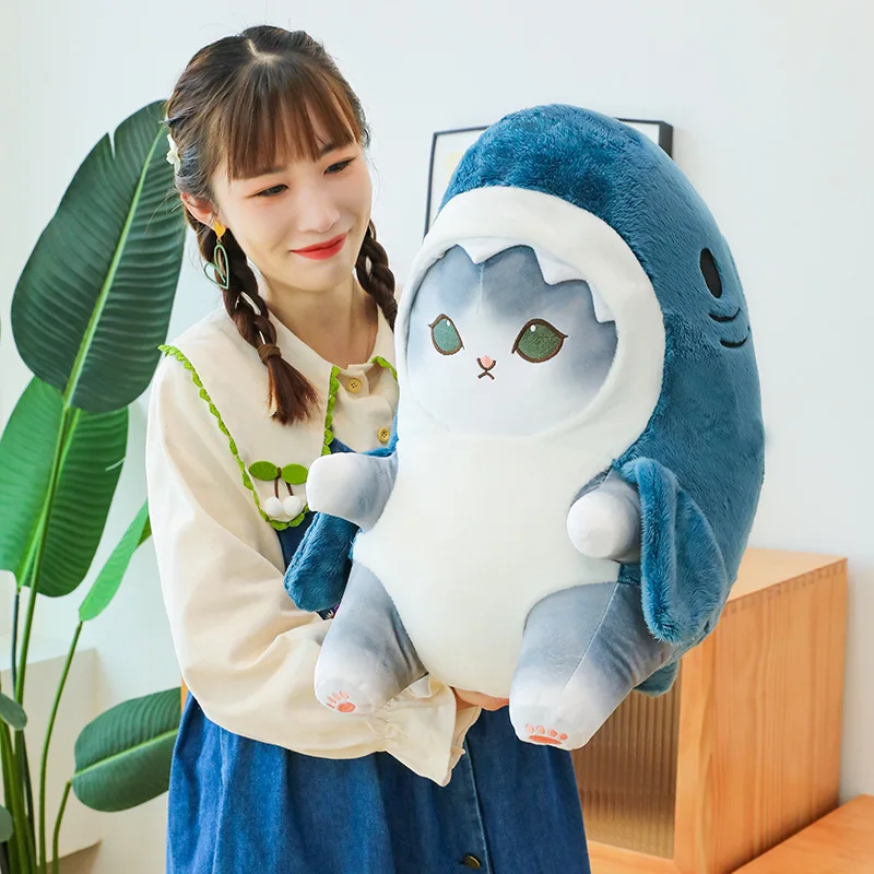 Funny Shark Cat Transformed Cat Doll Plush Toy for Kids, Kawaii Girl Rag Doll, Children\'s Pillow, Creative Gift, New Product