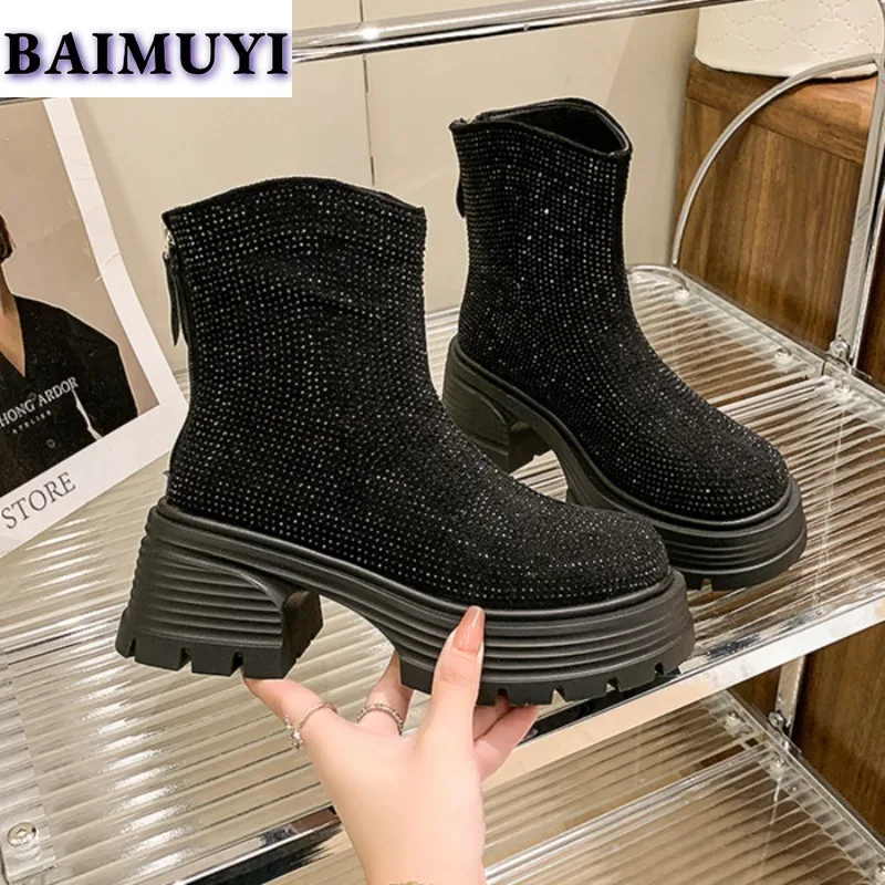 Crystal Luxury Platform Women Ankle Boots High Heels Shoes Plush Snow Woman Chelsea Design Winter 2025 Trend Chunky Botas Mujer