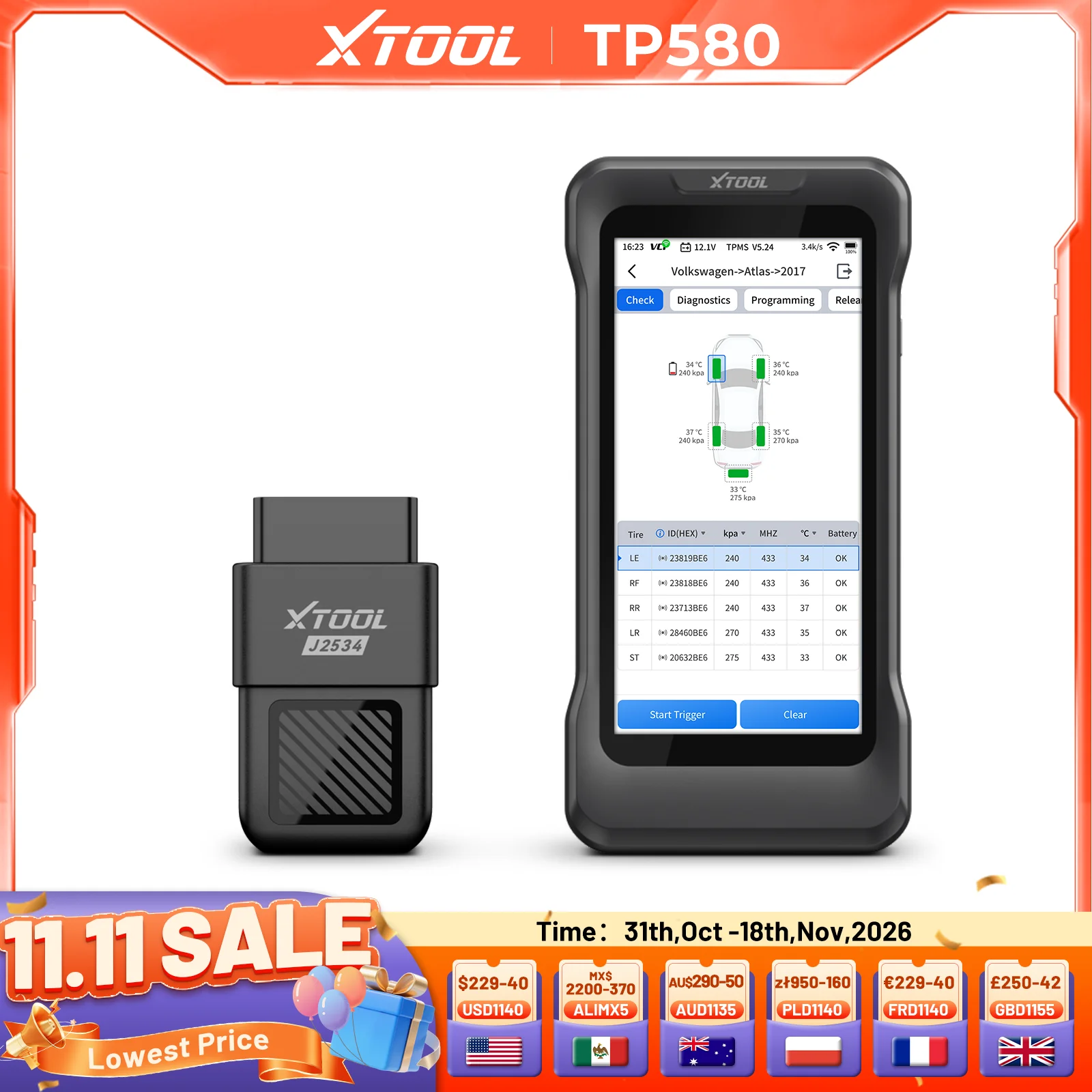 XTOOL TP580 All System Automotive Diagnostics TPMS Tire Pressure Programming 4-in-1 Data Stream Lifetime Free Updates CANFD DOIP
