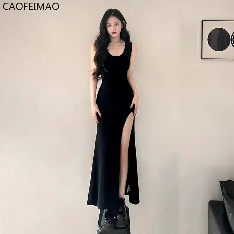 

Black Sleeveless Dress Women Side Slit Irregular Mid Calf Sexy Sheath Solid Minimalist Summer Elegant Korean Fashion Style Chic