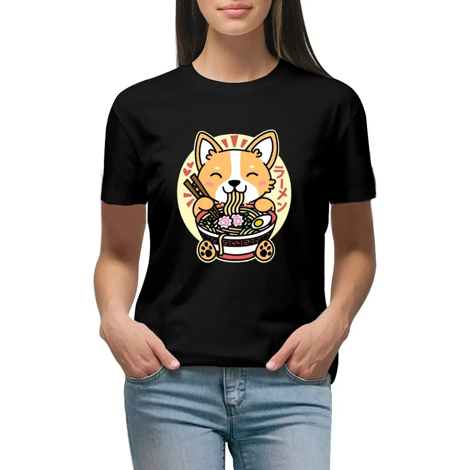 

Corgi Eating Ramen Cute Kawaii Noodles T-Shirt anime funny plus sizes quick drying western t shirts for Women