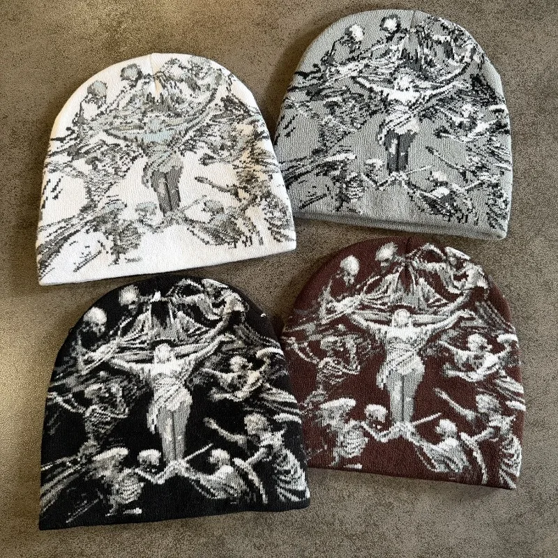 Gothic Skeleton Figure Jacquard Knit Beanie Hat Street Hip Hop Skull Pattern Skully Cap Multi‑color Warm Winter Casual Headwear