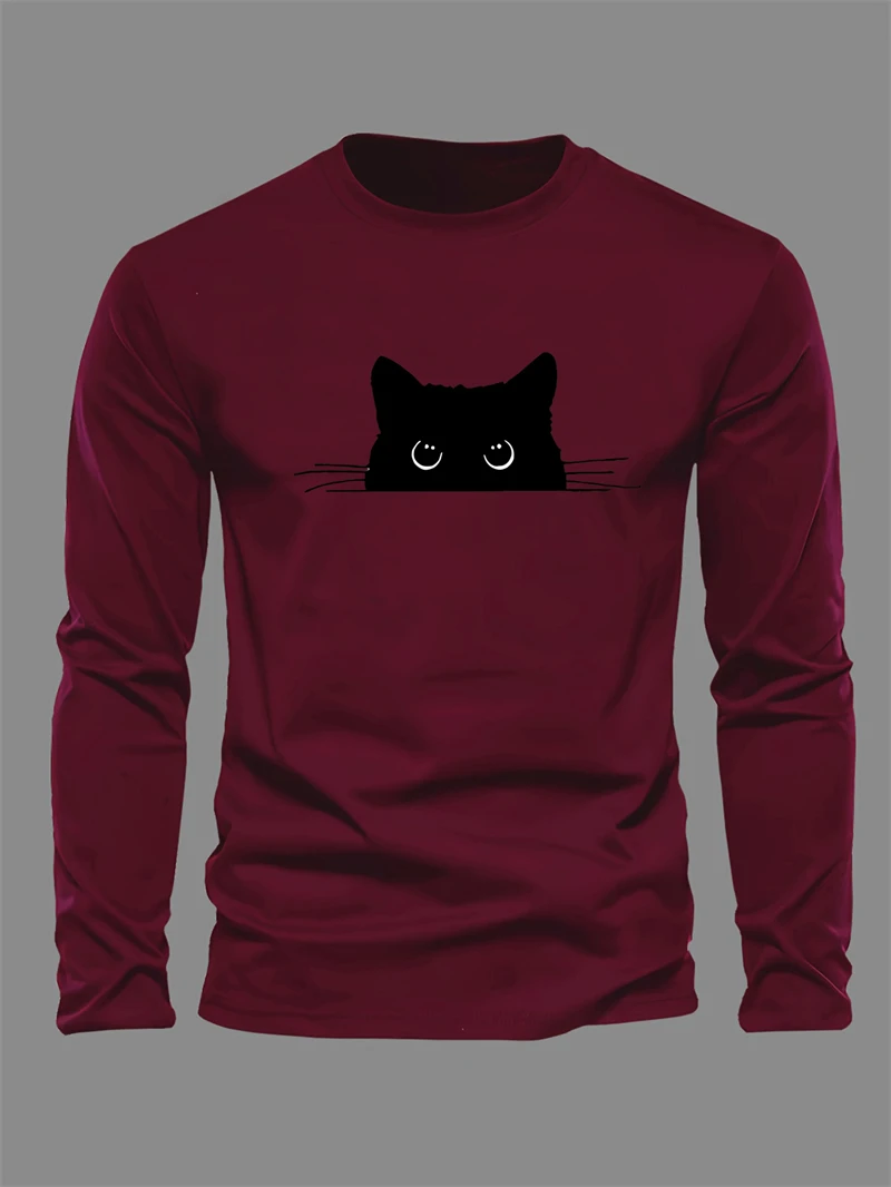 

Simple Black Cat Head Pattern T-shirts For Men Fashion Casual 3D Printed Long Sleeve T Shirts Loose Breathable Cute Tees Tops