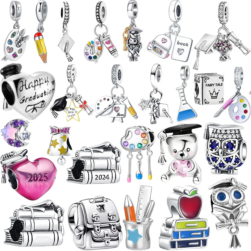 925 Sterling Silver Happy Graduation Paint Read school Pendant Charm Beads Fit Necklace Bracelets KeyChain DIY Jewelry For Woman
