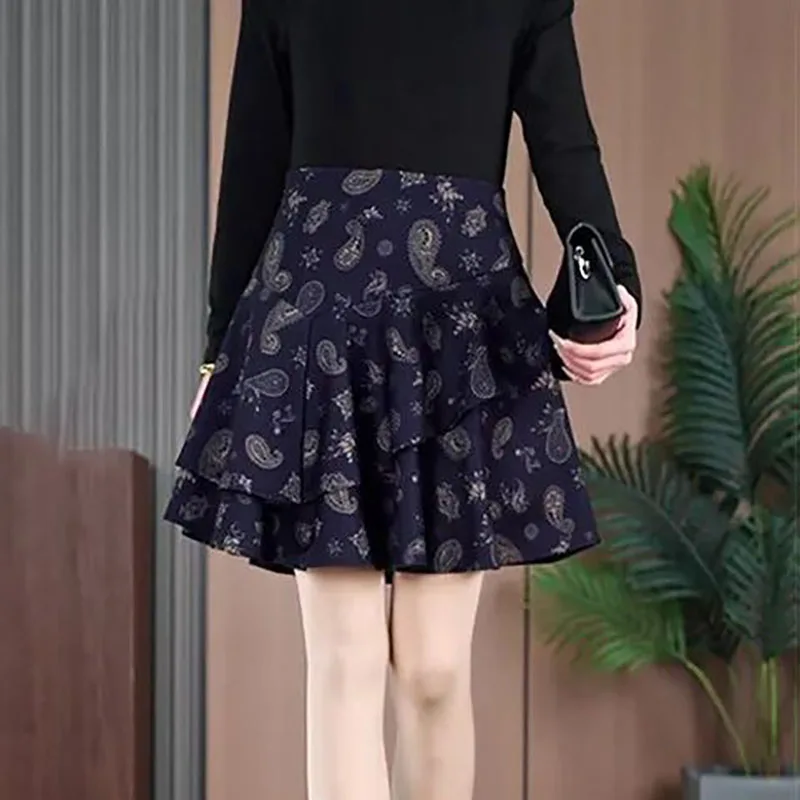 

Fashion Printed Spliced Ruffle A-Line Skirts Women's Clothing 2025 Summer New Loose Office Lady Zipper High Waist Skirts