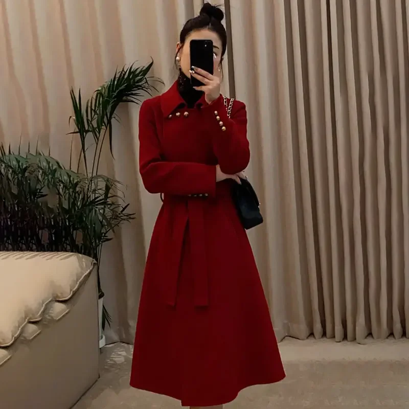 Chic Casual Wool Trenchcoat Jacket Women's Overcoat 2024 Autumn Winter New Fashion Mid-Length Belt Elegant Wool Coat Outwear