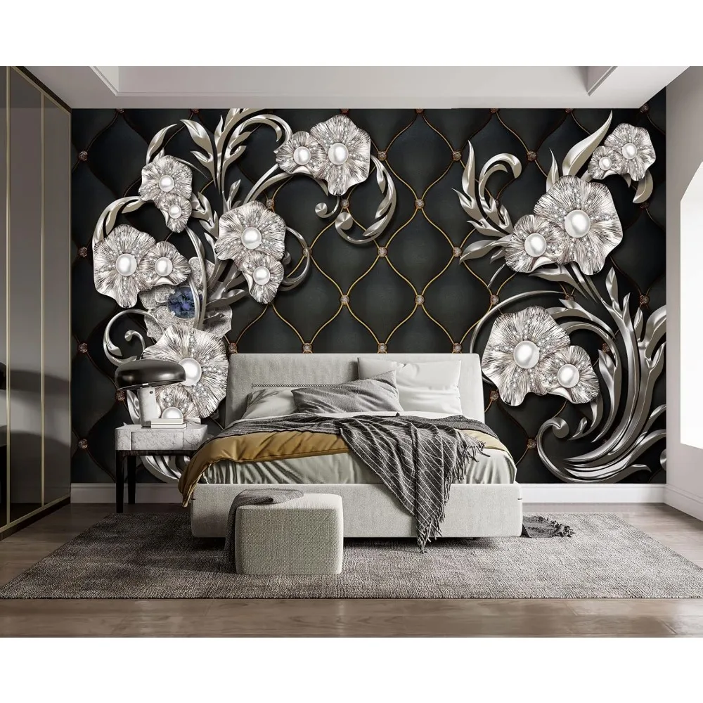 جدارية حائط أنيقة على شكل زهرة منقوشة باللؤلؤ الأسود - ورق جدران مزخرف لغرفة النوم 103 × 69