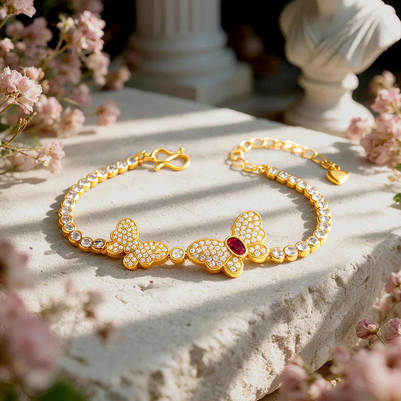 Luxury 9999 24K Gold Plated Double Butterfly Bracelet, Niche Design Row Zircon Women Fashion Hand Jewelry Gift