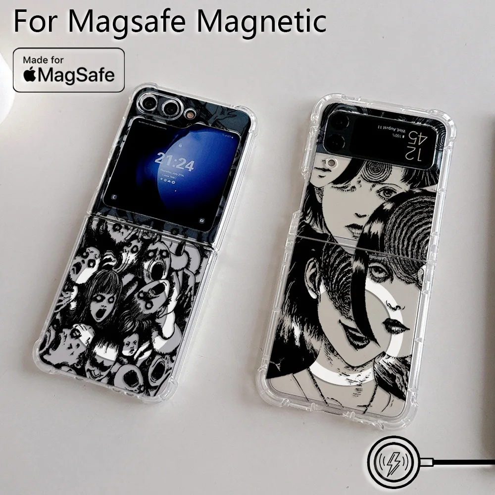 Anime Junji Ito Terror Horror Magsafe Magnetic Phone Case for Samsung Galaxy Z Flip 3 4 Z Flip 5 6 Z 5G Soft Transparent Cover