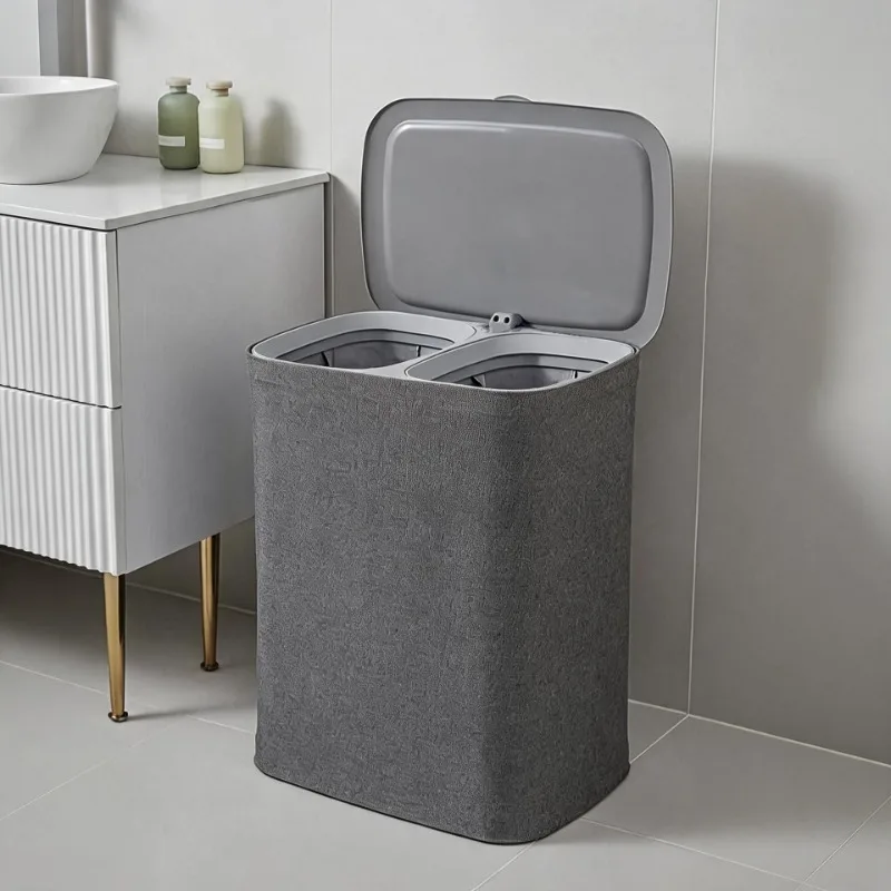 Lidded Laundry Baskets Large Handle 2 Compartments Independent Inner Pocket Fabric Laundry Baskets Home Storage Organization
