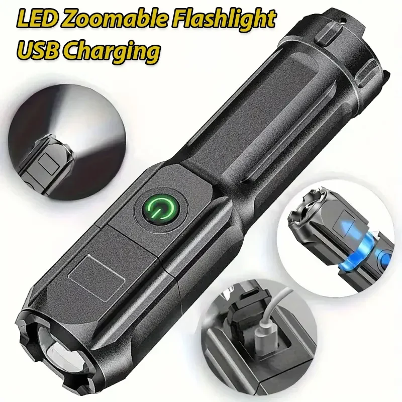 Powerful LED Flashlight USB Charging Telescopic Zoom Tactical Torch Portable Spotlight Long-Range Camping Hiking Outdoor Lamp