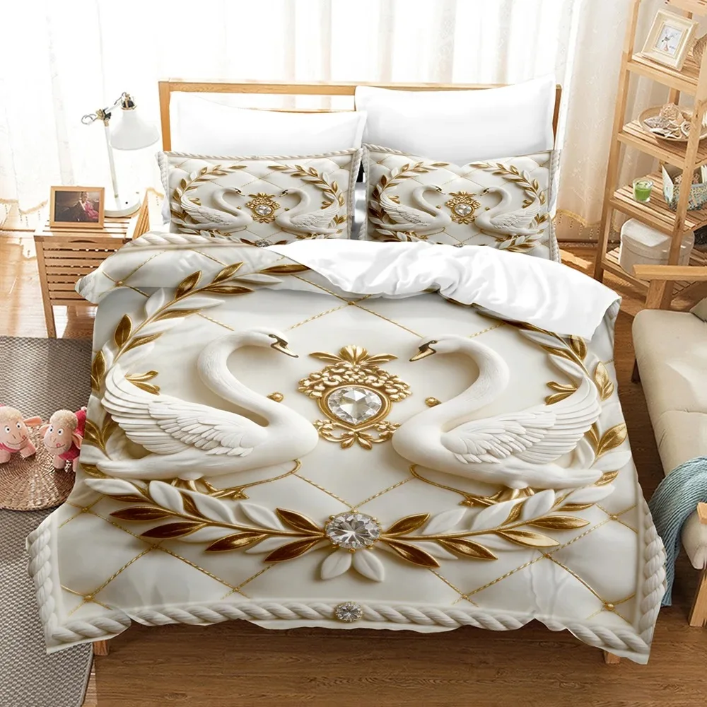 Luxury Bedding Set Gold White Swan Couple 3D Print Duvet Cover Pillowcase Breathable Wrinkle-Free For Bedroom Decor