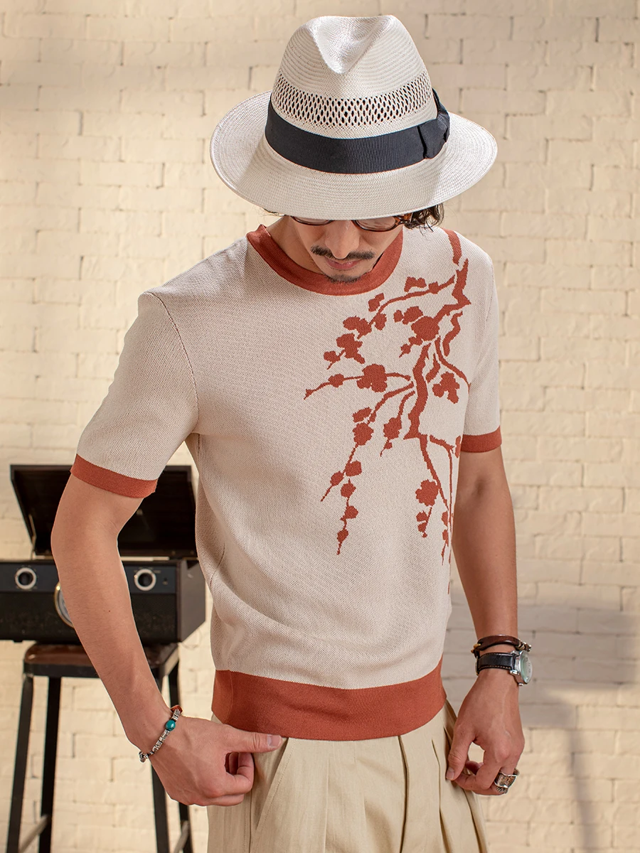

Short Sleeve Top Men's American Retro Knitted T-Shirt Casual Geometric Pattern Printed Pullover Spring and Summer Fashion Loose