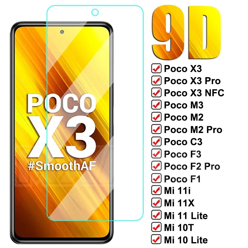 9D Tempered Glass For Xiaomi Poco X3 NFC X2 M3 M2 C3 F2 Pro F3 Protective Film Mi 10 10T 11 Lite 11X Pro 10i 11i Mix 2 3 Glass