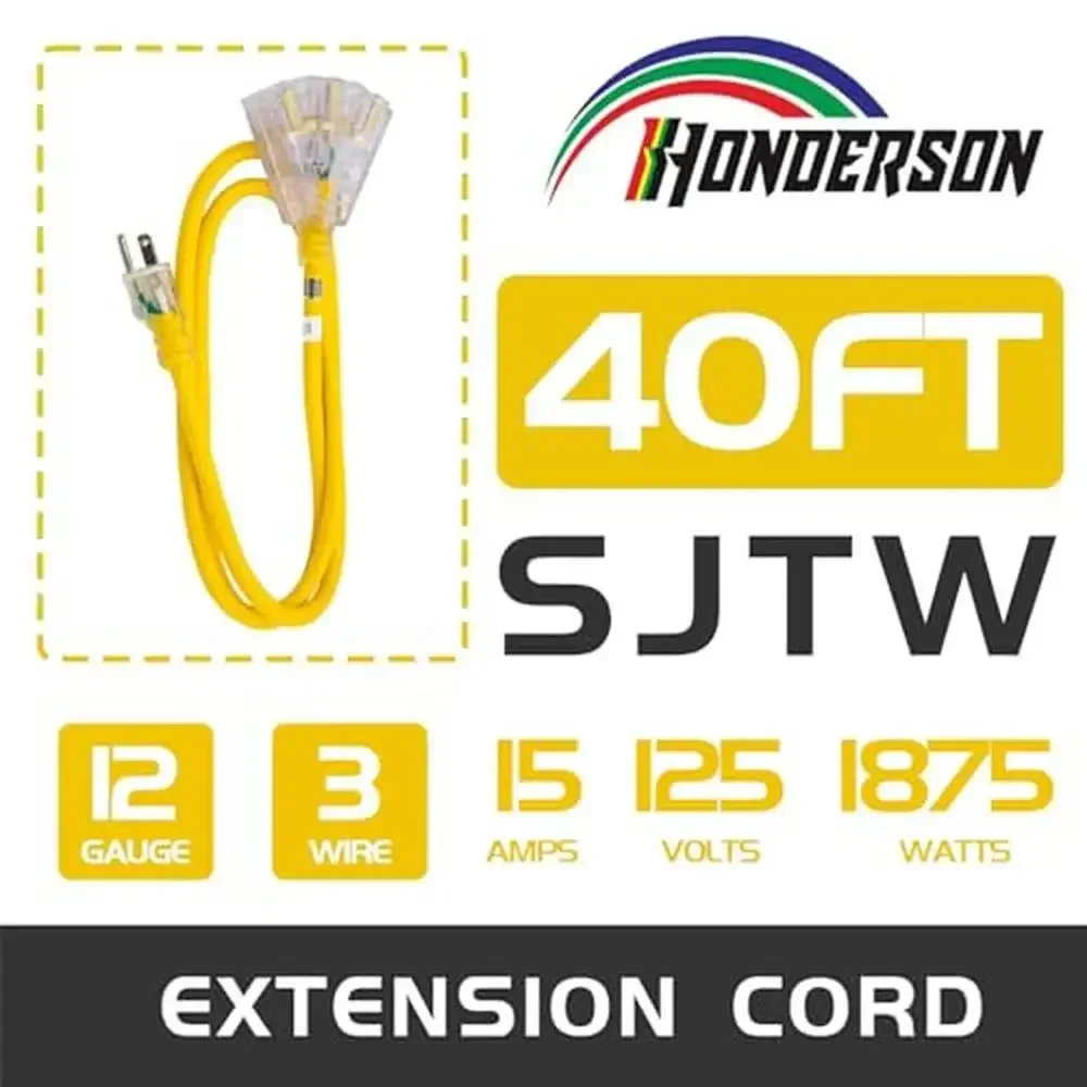 40 FT Lighted Outdoor Extension Cord 3 Power Outlets 12/3 SJTW Heavy Duty Cable Prong Grounded Plug UL Listed Ideal Equipment