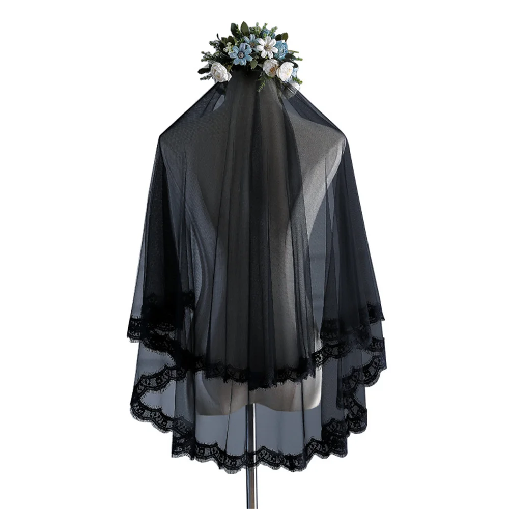 المرأة السوداء طبقة واحدة الدانتيل حافة الحجاب الزفاف ، القوطية اكسسوارات الزفاف ، هالوين قصيرة ، الجملة ، 60x80 سم ، 2023