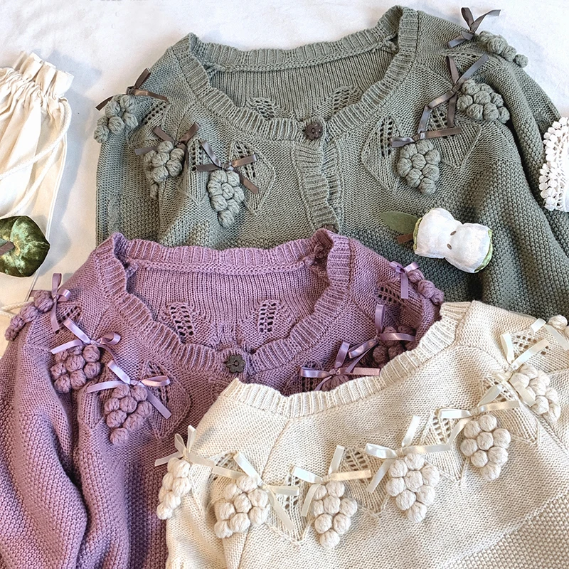 Vintage Knitted Cardigans Women Grape Embroidery Long Sleeve Bows Decoration Cute Sweaters for Sweet Girls