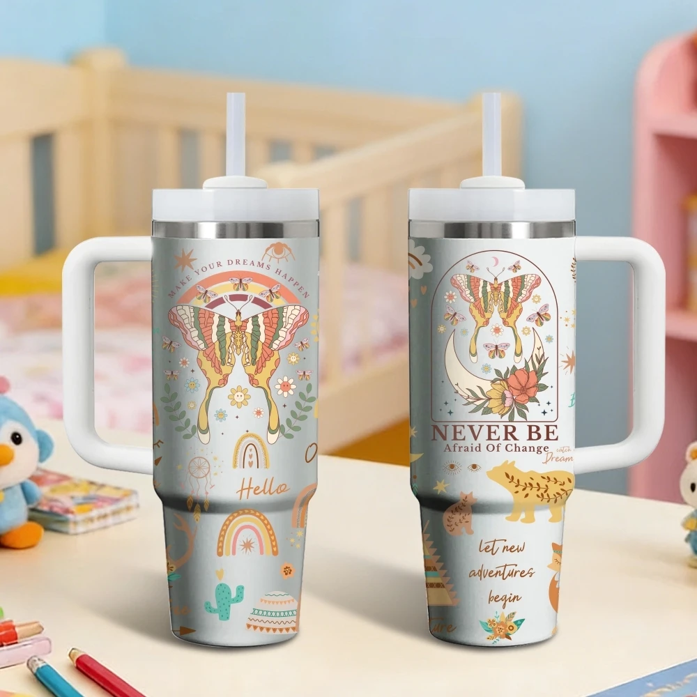 

Boho Butterfly Sun Moon Vacuum Flasks 40oz Stainless Steel Insulated Tumbler with Handle & Straw Leakproof Travel Mug