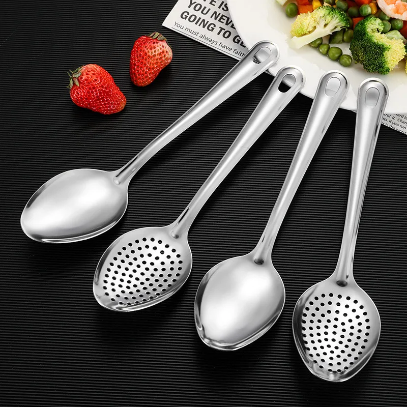 Stainless Steel Kitchen Serving Spoon Solid & Slotted Long Handle Buffet Public Spoon Restaurant Hotel Canteen Serving Ladle