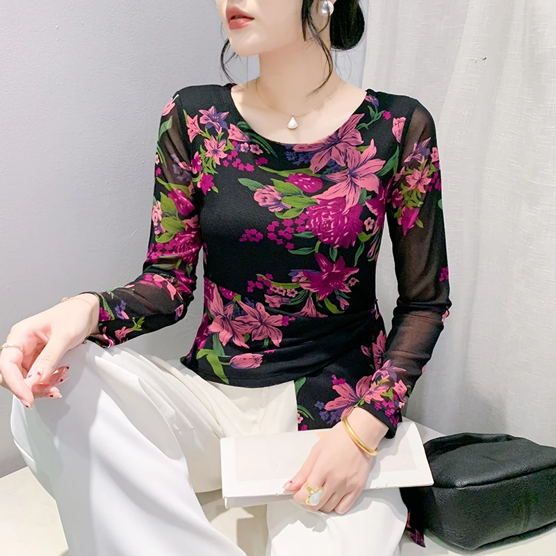 Faionable Leopard Print Base irt Herenherfstkleding Europese Sle Irregular Lace Long Sve Slim Fit T-irt