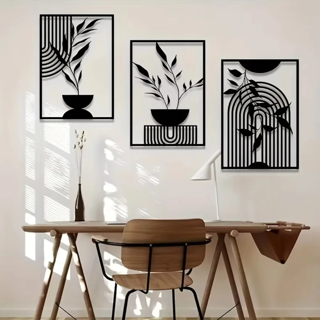 CIFBUY 3Pcs Metal Wall Art Set, Abstract Geometric Black Iron Hanging Decor, 2D Flat Laser Cut, Powder-Coated Rustproof