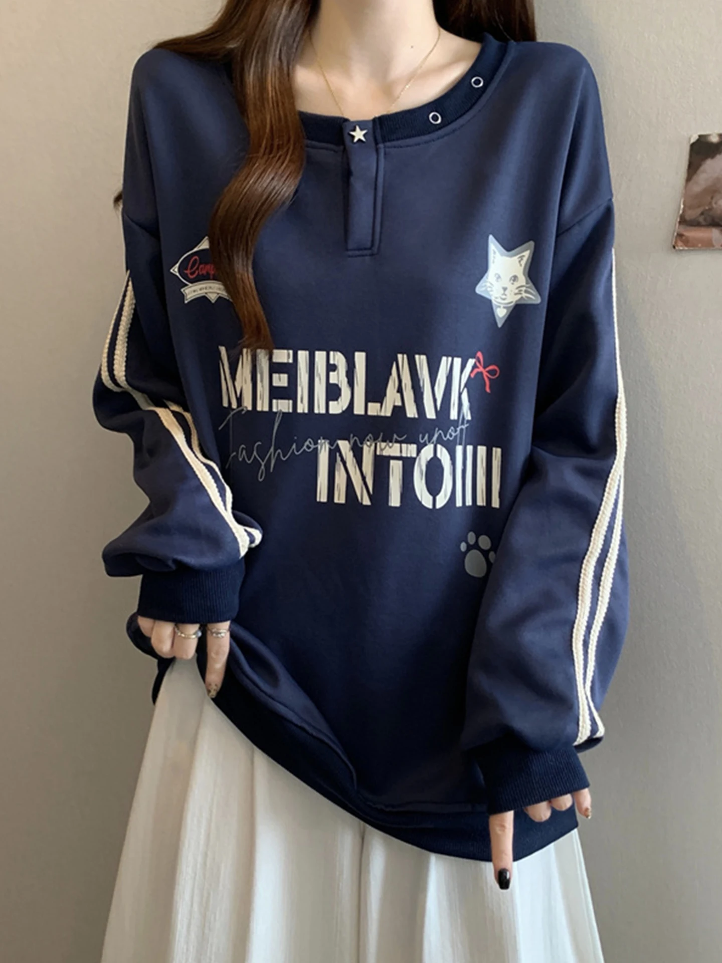 

Корейский свитшот с длинным рукавом и буквенным принтом для женщин, больших размеров, свободный, средней длины, базовый топ для осени