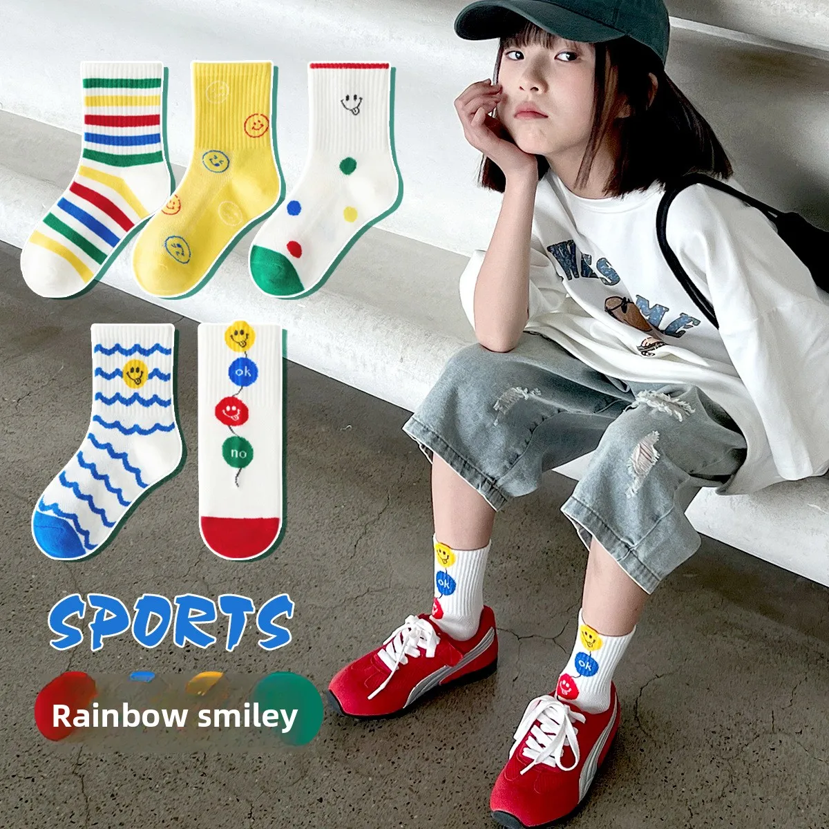 5 Paar Kindersocken aus atmungsaktiver Baumwolle, hochelastisch, gestreift, Smiley-Gesicht, Netzstoff, Sportsocken für Jungen und Mädchen