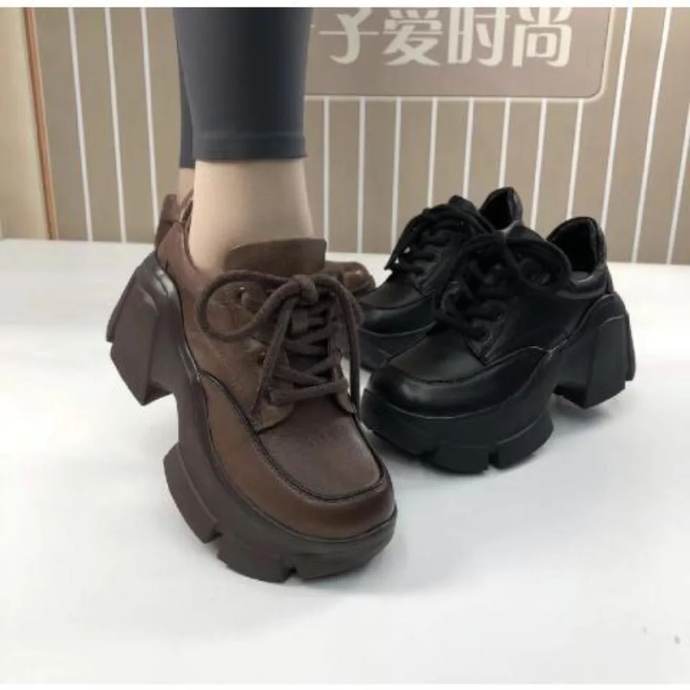 Single shoe women's 2024 four season fashionable leather high rise thick soled sponge tied leather shoes for women