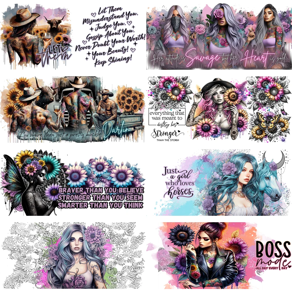Women Power 3D Cup Wraps Stickers UV DTF Transfers for Libbey Glass 16oz Flower Tattooed Boss Queen Sticker Decals