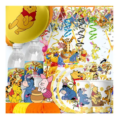MINISO Winnie The Pooh Party Supplies Winnie Banner Balloon Cup Plates Napkins For Kids Baby Shower Birthday Party Decoration