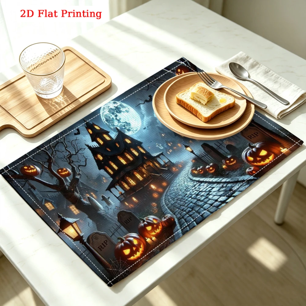 1pc Halloween Placemat Black Orange Haunted House Moon Pumpkin Table Mat Kitchen Dining Decor Party Use 30x40cm