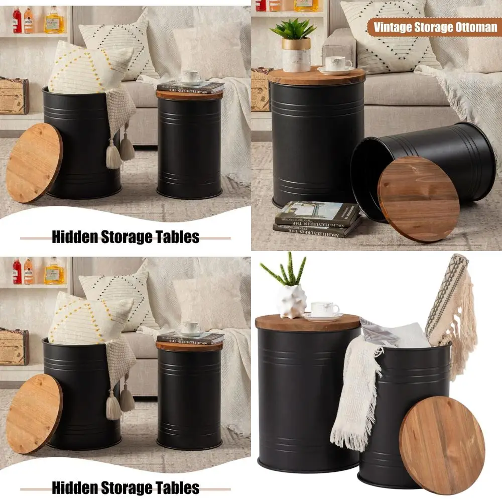 

Pair of Galvanized Metal End Tables with Wood Lids, Storage Coffee Table Stool for Living Spaces in Black