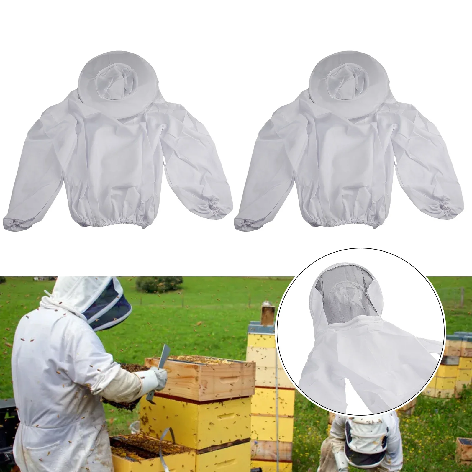 

2pcs Beekeeping Jacket Bee Keeper Keeping Suit Pull Over Hat V Eil Smock Protect White Bee Suit Work Clothes 55 Cm Sleeve Length