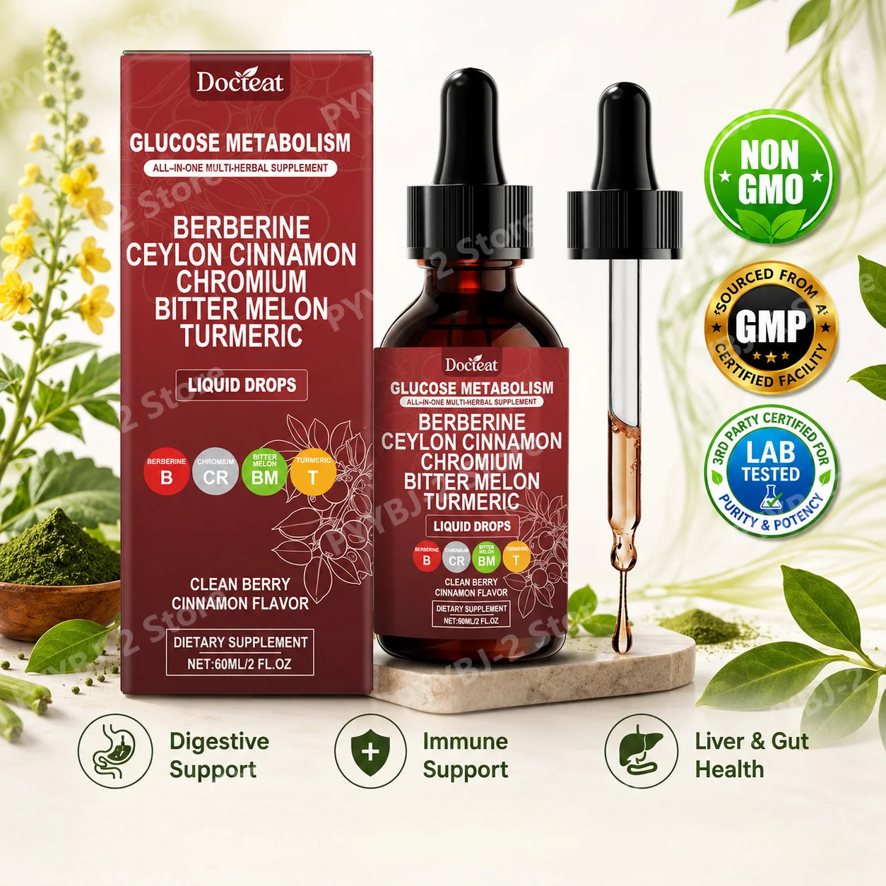 Berberine HCl Herbal Liquid Drops, Ceylon Cinnamon, Chromium, Bitter Melon Maintains Calm Respiration 60 ML