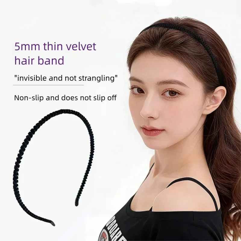 2er-Set schwarze, feine, rutschfeste Samt-Haarbänder im koreanischen Stil, unsichtbare Haarbänder für Damen und Mädchen, Vintage-Haarreifen, Haar-Accessoires – Detail 2