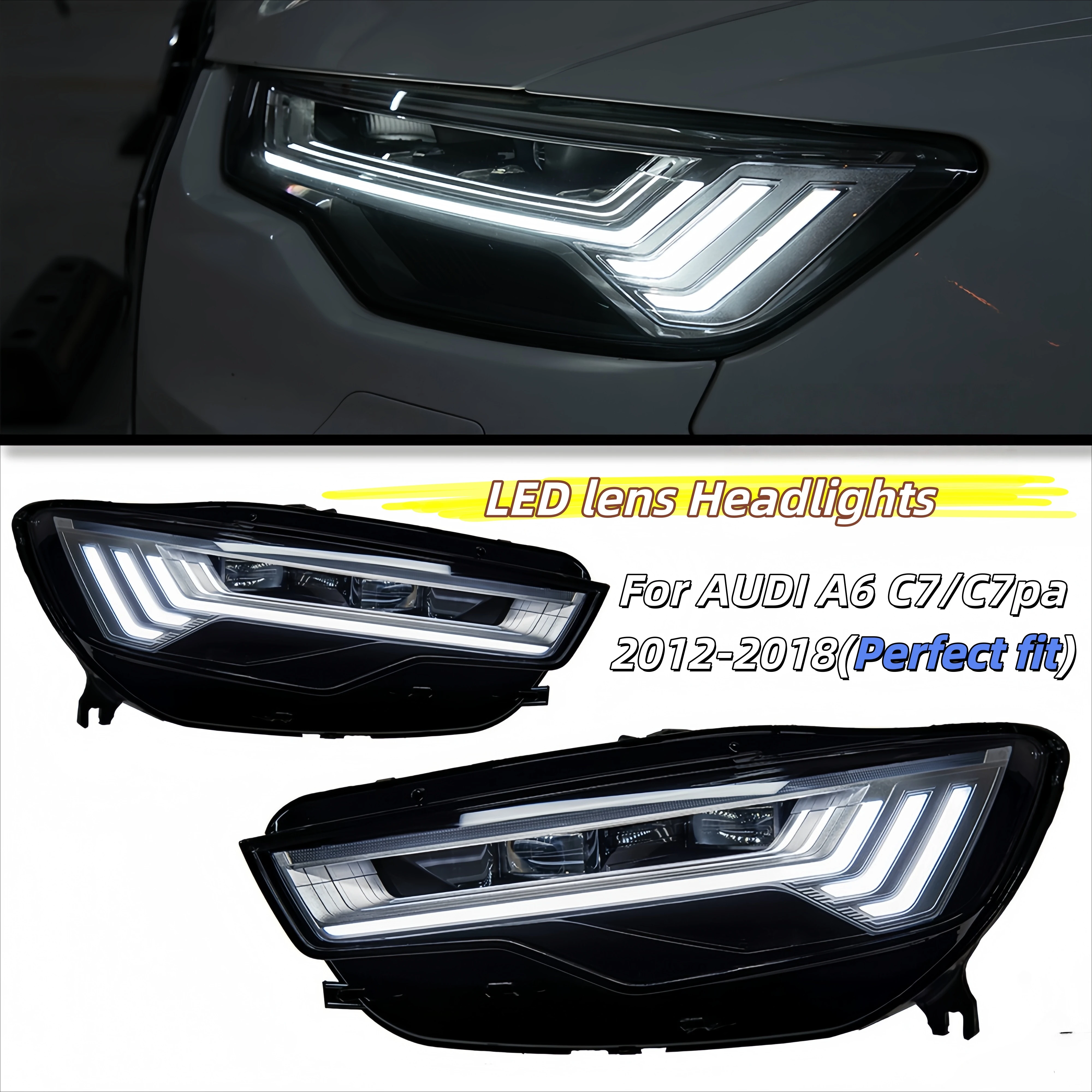 Applicable 2012-2018 Models for Audi A6L Headlight Assembly Modified C7 Five Stripes LED Lens DRL Continuous Turning Lights 12V