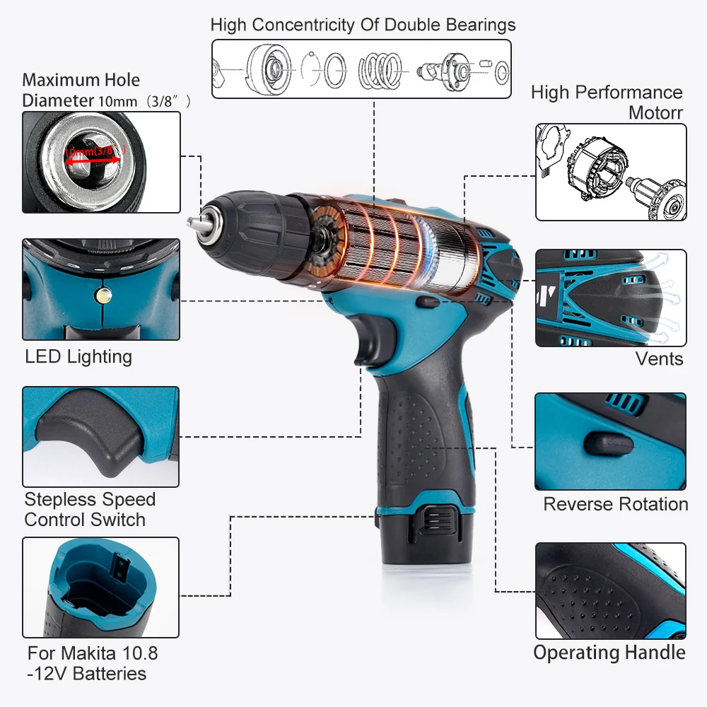 12V 10mm Electric Cordless Impact Drill Rechargable Electric Screwdriver Power Drill Li-Ion Battery For Makita 12V Battery