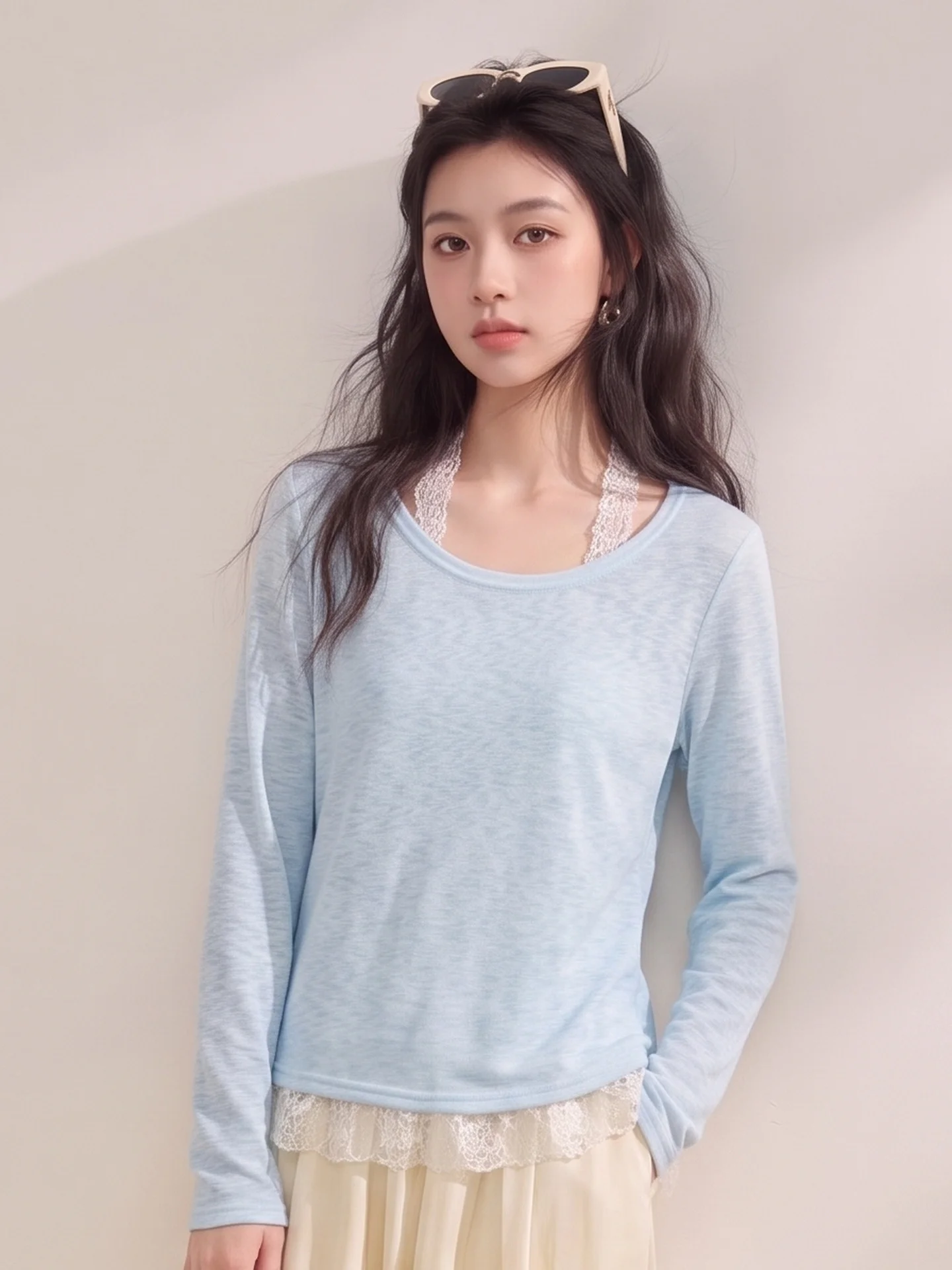 Elegant Long Sleeve Knitted T-Shirt Women's Autumn Inner Lace Halter Neck Tank Top Two-Piece Set Upper Body Korean Style Loos...