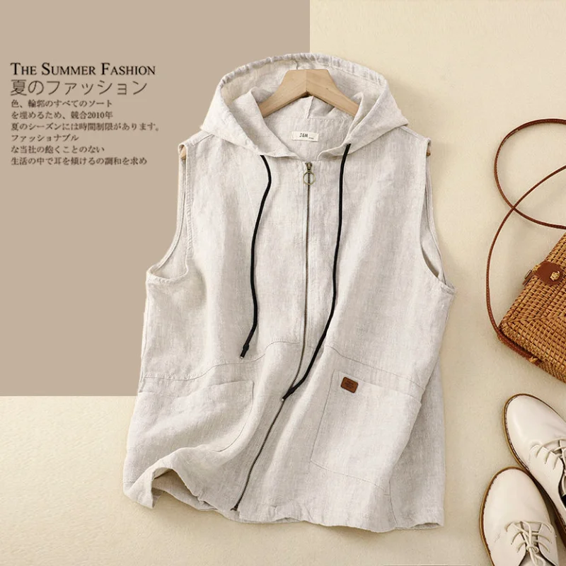 Cotton and Linen Hooded Vest Jacket for Women\'s Spring New Fashion Chic Elegant Pocket Loose Casual Vintage Vest Cardigan