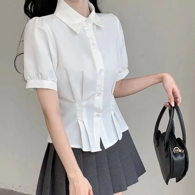 Sweet Short Sleeve Shirt Women Summer Blue Jk Preppy Style Slim Fit Tops Korean Fashion Chic Elegant Solid Blouse Female New