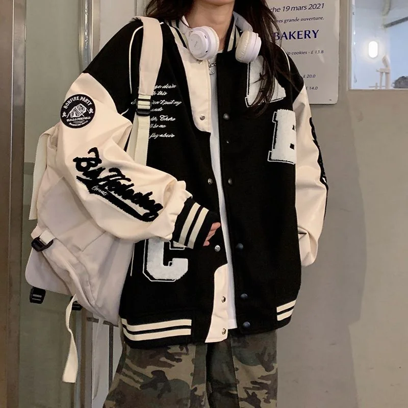 

Vintage Bomber Jacket Women Harajuku Fashion College Uniform Varsity Baseball Jackets Female Oversized Y2k Streetwear